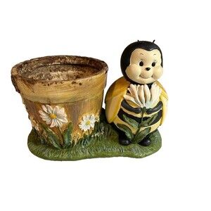 Hand Painted Resin Whimsical Gardencore Floral Planter Pot and Bee Figurine